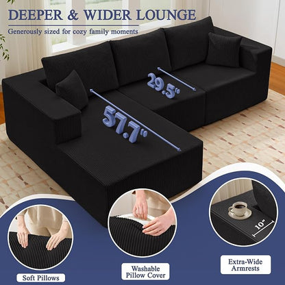 Modular Sectional Sofa for Living Room, 108" Cloud Couch Sectional with L-Shape Chaise, Modern Upholstered Corduroy Boneless Couch with Memory Foam Deep Seat, No Assembly Required (Black)