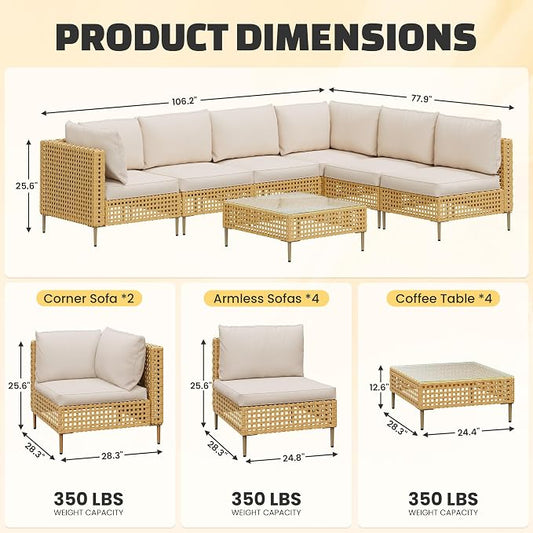LHBcraft 7-Piece Wicker Outdoor Patio Furniture Set, Modular Rattan Outdoor Furniture, Patio Conversation Sets, Handmade Rattan, Water Resistant Fluffy Cushions and Coffee Table, Beige