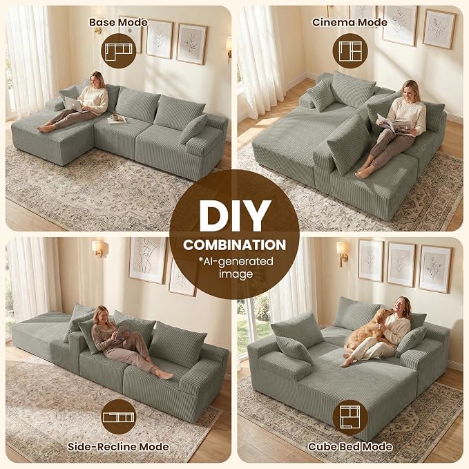 kinmars 108" Boneless Sectional Couch,Corduroy Cloud Couch Sectional for Living Room,Modern L Shaped Modular Sectional Couch,3 Seater Sofa (Camel, 108.9" L Shaped with Left Facing Chaise)
