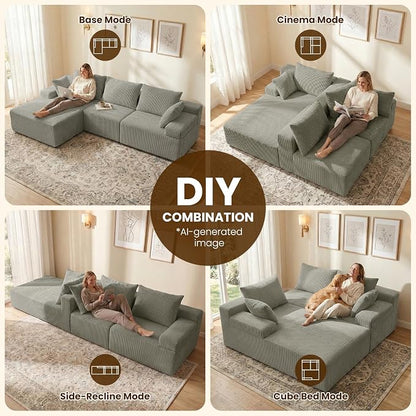 kinmars 108" Boneless Sectional Couch,Corduroy Cloud Couch Sectional for Living Room,Modern L Shaped Modular Sectional Couch,3 Seater Sofa (Camel, 108.9" L Shaped with Left Facing Chaise)