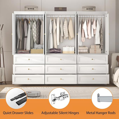 Wooden Wardrobe Closet with Doors: 75" Tall White Armoire Wardrobe Closet with 9 Drawers and 6 Doors, Modern Clothes Cabinets for Bedroom Armoires with Hanging Rod (9-Drawers, 94.5")