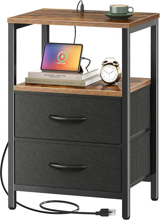 Huuger Nightstand with Charging Station, Side Table with Fabric Drawers, End Table with Open Shelf, Bedside Table with USB Ports and Outlets, Night Stand for Bedroom, Rustic Brown and Black