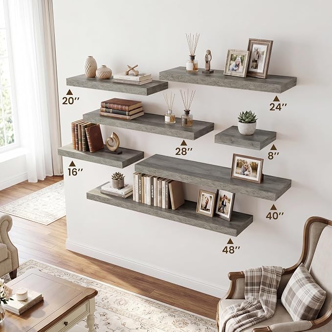 RICHFOCUS 28Inch Floating Shelves for Wall 2 Pack Shelves for Bedroom|Kitchen|Bathroom|Laundry Room Rustic Wood Wall Mounted Shelf with Invisible Brackets for Books|Storage|Decor, Grey