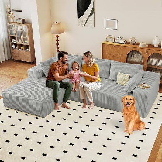 96" Modular Sectional Sofa, Modern Corduroy Cloud Couch with Deep Seat, Boneless Couch Upholstered 3-Seater L-Shaped Sofa for Living Room, No Assembly Required (Light Grey, Left-Facing Chaise)