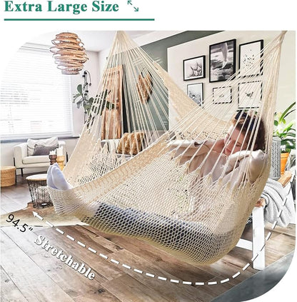 Upgraded Caribbean Hammock Chair with Detachable Metal Bar, Large Hammock Swing Chair, XL Rope Hanging Chair for Outdoor Indoor, 330 LBS Weight Capacity, Seashell