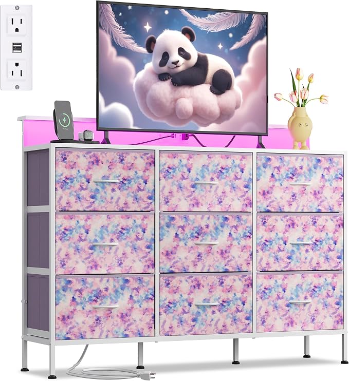 WLIVE Dresser TV Stand for 45, 50, 55 inch TV, Entertainment Center with LED Lights & Charging Station, Chest of Drawers with 9 Fabric Drawers for Living Room, Tie-dye Print (Pink, Purple, Blue)