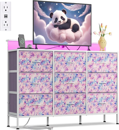 WLIVE Dresser TV Stand for 45, 50, 55 inch TV, Entertainment Center with LED Lights & Charging Station, Chest of Drawers with 9 Fabric Drawers for Living Room, Tie-dye Print (Pink, Purple, Blue)