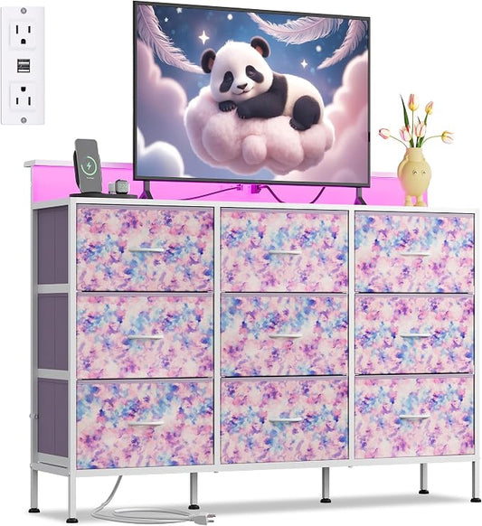 WLIVE Dresser TV Stand for 45, 50, 55 inch TV, Entertainment Center with LED Lights & Charging Station, Chest of Drawers with 9 Fabric Drawers for Living Room, Tie-dye Print (Pink, Purple, Blue)