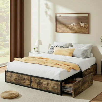 Allewie Queen Size Metal Bed Frame with 2 Storage Drawers, Heavy-Duty Steel Frame with MDF Wood Panels, Flexible Drawer Placement, Easy Assembly, Noise-Free Support, Brown