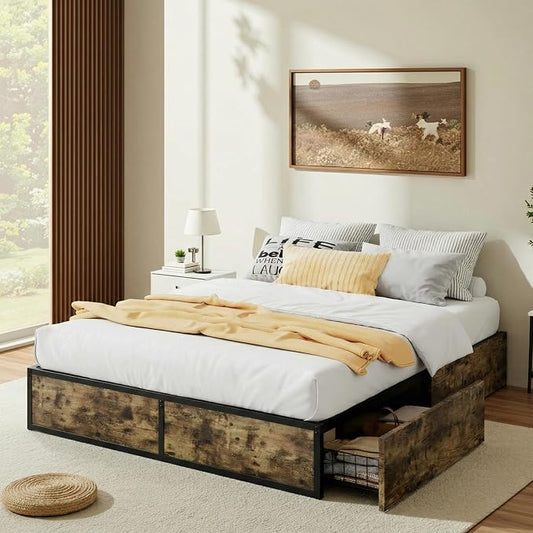 Allewie Queen Size Metal Bed Frame with 2 Storage Drawers, Heavy-Duty Steel Frame with MDF Wood Panels, Flexible Drawer Placement, Easy Assembly, Noise-Free Support, Brown