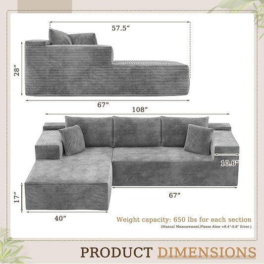 YESHOMY Boneless Couches for Living Room, 108" Sectional Modular Sectional Sofa with Deep Seat, Cloud Comfy Couch with L-Shape Chaise, Easy Assembly (Corduroy, Gray)