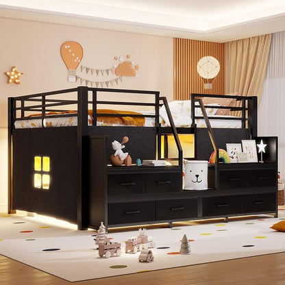 Bellemave Full Size Loft Bed with 8 Non-Woven Fabric Storage Drawers and Bookshelf, Low Loft Bed with Lights and Private Play Curtain, Full Loft Beds with High Rails, Noise Reduced Black