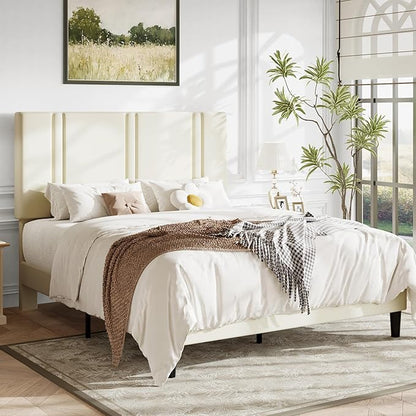 Allewie Queen Platform Bed Frame with Adjustable Headboard, Plush Velvet Upholstered, Vertical Channel Tufted, Sturdy Wooden Slats, No Box Spring Needed, Easy Assembly, Cream
