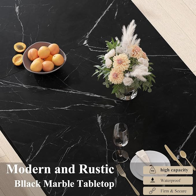 HSH Black Faux Marble Dining Table, 63 inch Modern Dinner Table for 6 Person, Farmhouse Rectanglur Kitchen Table for Living Room, Long Wood Dining Room Tables with strong Pedestal, Black Marble, 63 In
