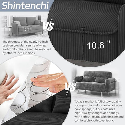 Shintenchi 48'' Loveseat Sofa, Mid-Century Modern Upholstered Couch Deep Seat with 2 Pillows, 10" Thick Cushion with Spring, Solid Wood Frame Small Couch for Living Room, Dorms & Office, Black