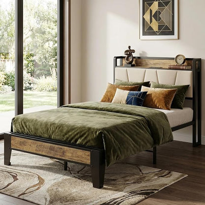 LIKIMIO Twin Bed Frames with Storage Headboard & Charging Station | Upholstered Headboard, Storage Shelf, Solid and Stable, Noise Free, No Box Spring Needed, Easy Assembly (Walnut and Beige)