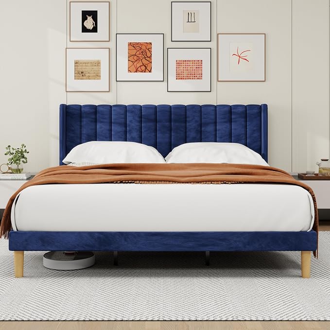 alazyhome Platform Bed Frame King Size with Upholstered Headboard, Solid Wood Slats Support, No Box Spring Needed, Noise Free, Easy Assembly, Modern Velvet Bed, Blue