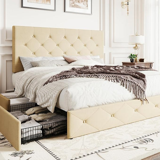 SHA CERLIN Upholstered Queen Size Platform Bed Frame with 4 Storage Drawers, Adjustable Headboard with Diamond Stitched Button Tufted Design, Wooden Slat Support, No Box Spring Needed, Beige
