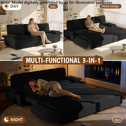 94.5'' Sleeper Sofa Bed King Size, Modern Corduroy Pull Out Couch, 3-in-1 Convertible Futon Sofa, 3 Seater Couches, Cloud Recliner, Pillow Arm, for Living Room, Apartment, Offices, Black