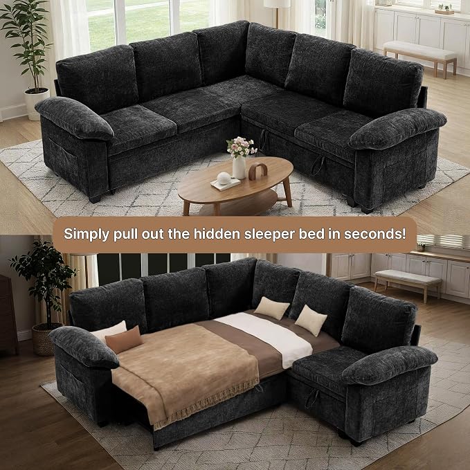 85" Modular Sectional Sofa Bed with Storage, L Shaped Pull Out Couch, Removable Chenille Sofa Cover for Living Room (Black, 5 Seat)