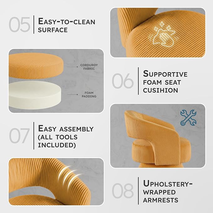 Lexicon 360 Degree Swivel Accent Chair, Modern Comfy Corduroy Round Barrel Chair, Open Back, Plush Foam Cushions, Metal Swivel Base for Living Room/Bedroom/Office/Small Spaces, Yellow