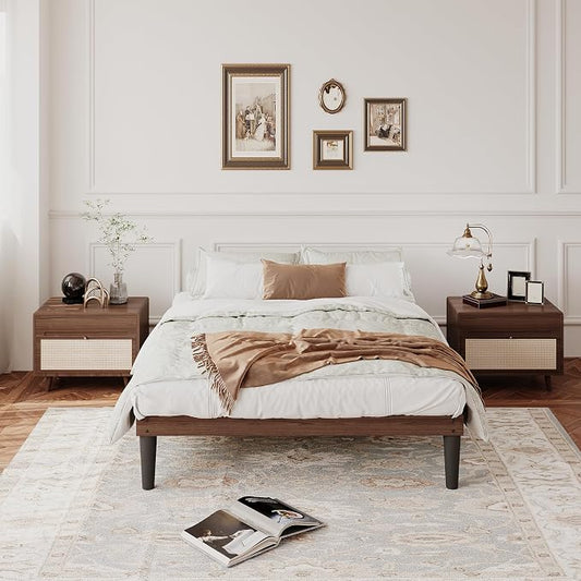 Yumori 12.9 Inch Minimalist Style Full Size Bed Frame, Wood Platform Bed with Wood Slat Support, No Box Spring Needed, Easy Assembly, Walnut