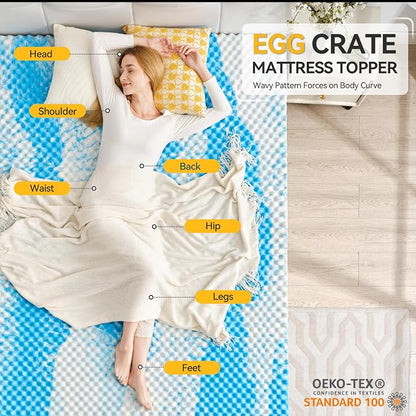 SINWEEK 3 Inch Egg Crate Memory Foam Mattress Topper Queen Size, Soft Mattress Pad for Back Pain Relief, Bed Topper, CertiPUR-US Certified, Blue