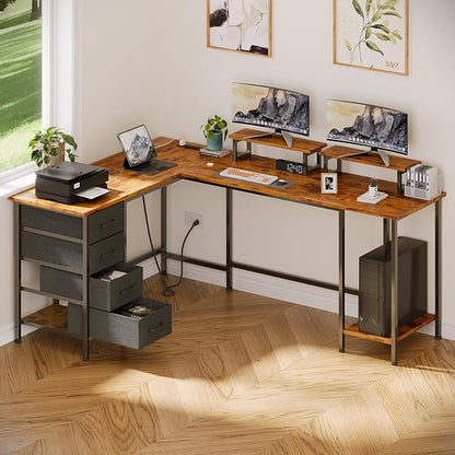 Korfile 66" L Shaped Computer Desk with Power Outlets, Home Office Desk with 4 Adjustable Storage Drawers & 2 Monitor Stands, Large Two Person Gaming Table for Writing Study, Rustic Brown