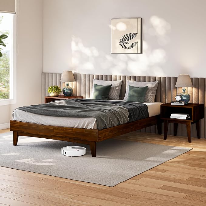 Bme Catherine Queen Platform Bed Frame, Modern Bed Frame Without Headboard, Wooden Low Profile Bed Frame, Acacia Wood Platform Bed Frame, No Box Spring Needed, Supports up to 800lbs - Dark Chocolate