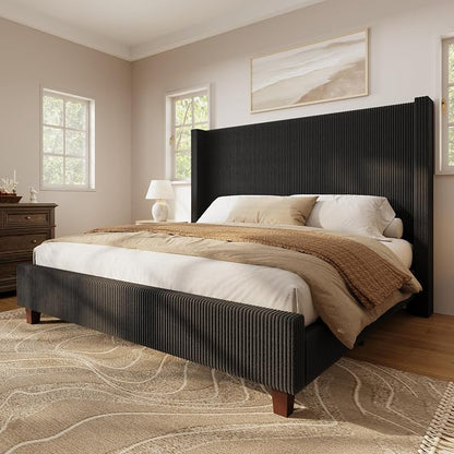 HOWE California King Size Bed Frame with Corduroy Wingback Headboard, Black | Modern Upholstered Platform Bed, 50.8 Inch Tall Profile, Solid Wood Slats, No Box Spring Needed, Noise-Reducing Designrt