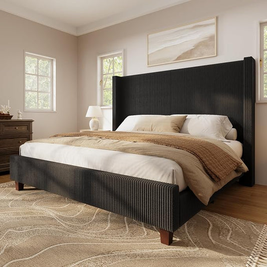 HOWE Queen Szie Bed Frame with 50.8 Inch Corduroy Wingback Headboard, Black | Modern Upholstered Platform Bed, Solid Wood Slats, No Box Spring Needed, Noise-Reducing Design