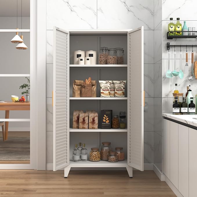61 "H White Metal Cutlery Cabinet with Door Freestanding Kitchen Cabinet with 3 Adjustable Shelf Side Panels, Suitable for Kitchen, Living Room, Dining Room Metal Cabinet,Requires Assembly ﻿