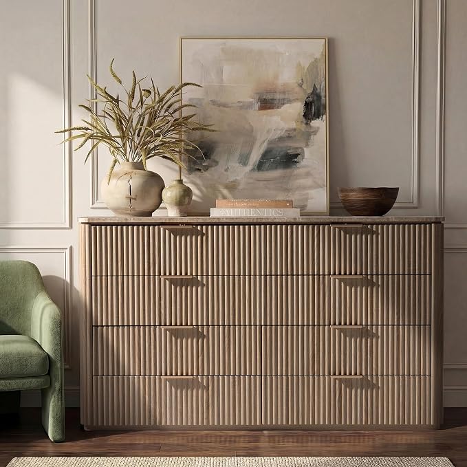Dresser for Bedroom with 8 Drawers, 54"W Chest of Drawers, Fluted Dresser with Faux Marble Top, Curved Profile Design, Metal Handle, Wood Closet Storage Organizer for Living Room, Hallway, Natural Oak