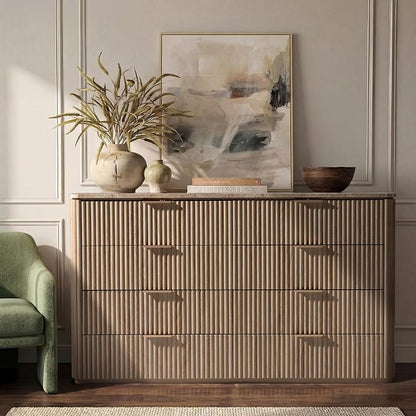 Dresser for Bedroom with 8 Drawers, 54"W Chest of Drawers, Fluted Dresser with Faux Marble Top, Curved Profile Design, Metal Handle, Wood Closet Storage Organizer for Living Room, Hallway, Natural Oak