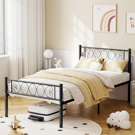 GarveeHome Twin Size Bed Frame, Metal Platform Bed Frame with Headboard and Footboard, 12.2 in Bed Frame with Strong Metal Slats Support, Under Bed Storage, No Box Spring Needed, Black