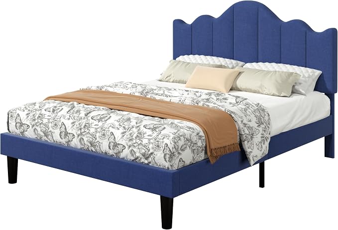VECELO Queen Size Upholstered Platform Bed Frame with Adjustable Headboard, Wood Slat Support and Noise-Free, No Box Spring Needed, Easy Assembly, Dark&Blue