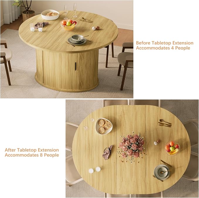 Dining Table for 4-6, 63“Extendable Round Dining Room Kitchen Table with 2-Tier Storage Shelf, Fluted Wood Table with Slide Door, Expandable Wood Oval Dinner Furniture with Pedestal Base (Oak)