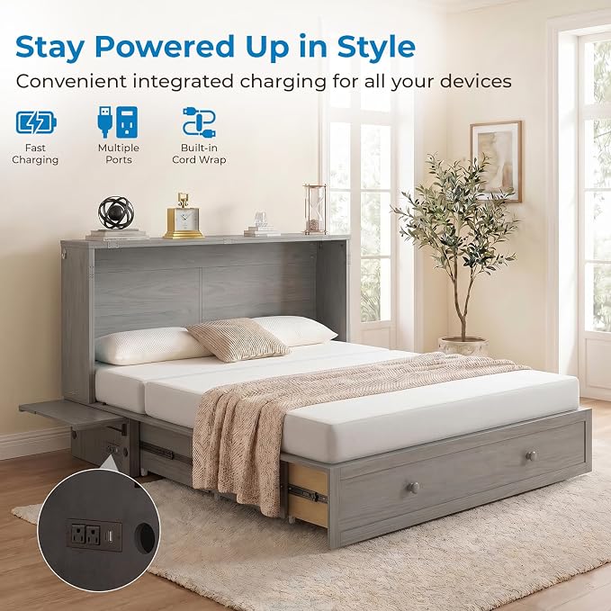 Mjkone Queen Murphy Bed Cabinet with Tri-fold Mattress, Cabinet Bed with Built-in Charging Station, Storage Drawer, Solid Wood Cabinets Bed, Cube Murphy Chest Beds for Guest Room, Home, Office, Grey