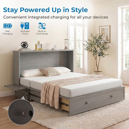 Mjkone Queen Murphy Bed Cabinet with Tri-fold Mattress, Cabinet Bed with Built-in Charging Station, Storage Drawer, Solid Wood Cabinets Bed, Cube Murphy Chest Beds for Guest Room, Home, Office, Grey