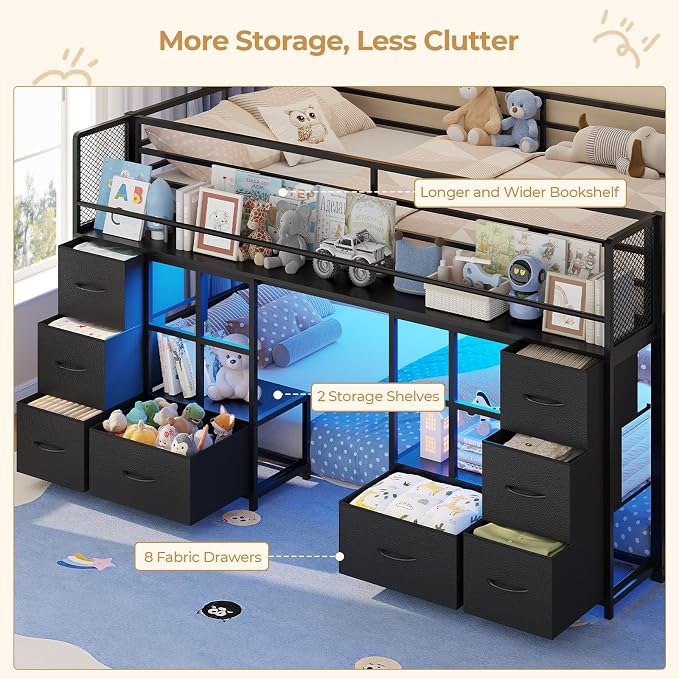 BTHFST Low Bunk Bed Twin Over Twin with 8 Fabric Drawers & Bookshelf, Twin Bunk Beds with RGB LED Lights, Windows, Metal Bunk Beds for Kids with Slanted Ladder & Safety Guardrails, Space Saving, Black