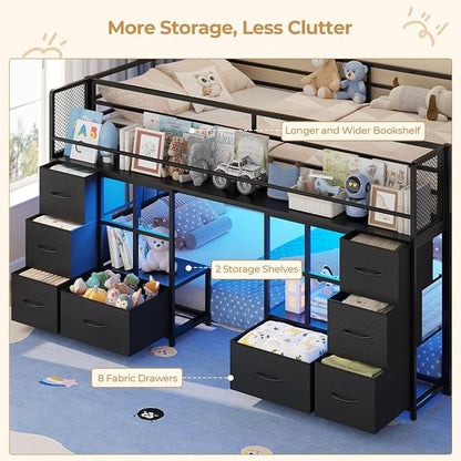 BTHFST Low Bunk Bed Twin Over Twin with 8 Fabric Drawers & Bookshelf, Twin Bunk Beds with RGB LED Lights, Windows, Metal Bunk Beds for Kids with Slanted Ladder & Safety Guardrails, Space Saving, Black