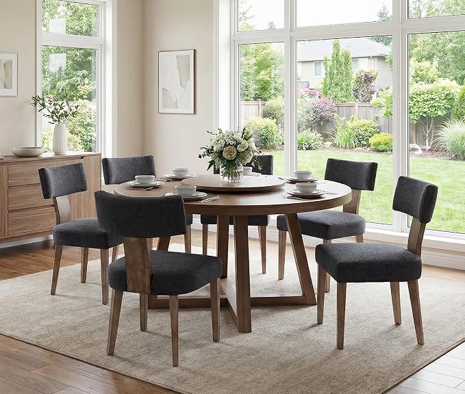 RIVOVA Linen Dining Chairs Set of 6, Modern Dining Chair with Curved Backrest and Wood Legs Upholstered Dining Chairs Farmhouse Dining Room Chairs Kitchen Chairs, Charcoal