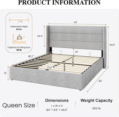 SHA CERLIN Queen Size Lift Up Storage Bed/Modern Wingback Headboard/Upholstered Platform Bed Frame/Hydraulic Storage/No Box Spring Needed/Wood Slats Support/Light Grey
