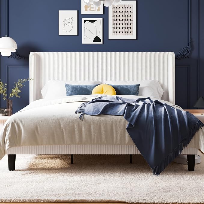 Allewie King Size Bed Frame with Upholstered Wingback Headboard, Vertical Channel Tufted Corduroy Velvet Platform Bed, Strong Wooden Slats Support, No Box Spring Needed，Easy Assembly, No Squeak, White