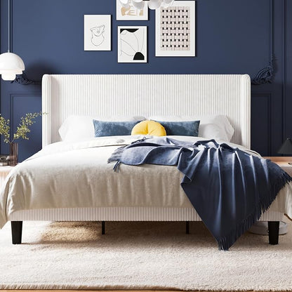 Allewie King Size Bed Frame with Upholstered Wingback Headboard, Vertical Channel Tufted Corduroy Velvet Platform Bed, Strong Wooden Slats Support, No Box Spring Needed，Easy Assembly, No Squeak, White