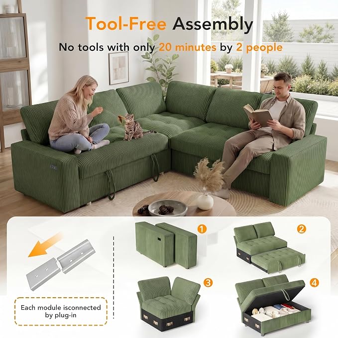 Sunny Heart Modular Sectional Sleeper Sofa with Pull Out Bed, Corduroy L Shaped Sectional Sofa with USB Ports/Adjustable Backrest/Storage Seats, Tool-Free Assembly, Couches for Living Room Green