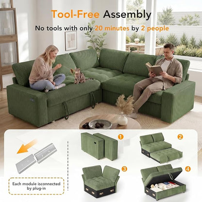 Sunny Heart Modular Sectional Sleeper Sofa with Pull Out Bed, Corduroy L Shaped Sectional Sofa with USB Ports/Adjustable Backrest/Storage Seats, Tool-Free Assembly, Couches for Living Room Green