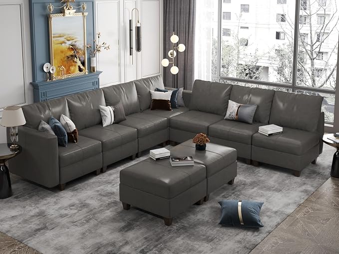EASE MOOSE Modular Sectional Couch with Storage, Faux Leather Sectional Sleeper Sofa Bed,Grey Faux Leather Modular Sofa