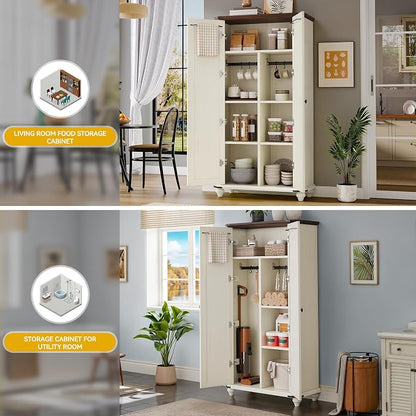 DWVO 4-Tier Storage Cabinet with 2 Shutter Doors, Farmhouse Kitchen Pantry Cabinet with Adjustable Shelves, Wooden Cabinet for Kitchen, Dining Room, Living Room, Office, Rustic White