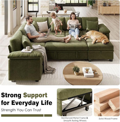 Ihanherry 108" Modular Sectional Sofa with Pull Out Bed, 7-Seater L Shaped Sectional Sleeper Couch with Storage, Chenille Convertible Couches for Living Room, Apartment (Green)